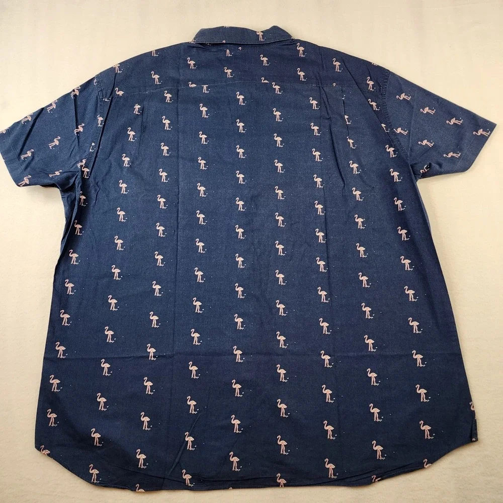 J.Crew Button Down Mens XL Navy Blue Flamingo Print Slim Fit Short Sleeve Shirt